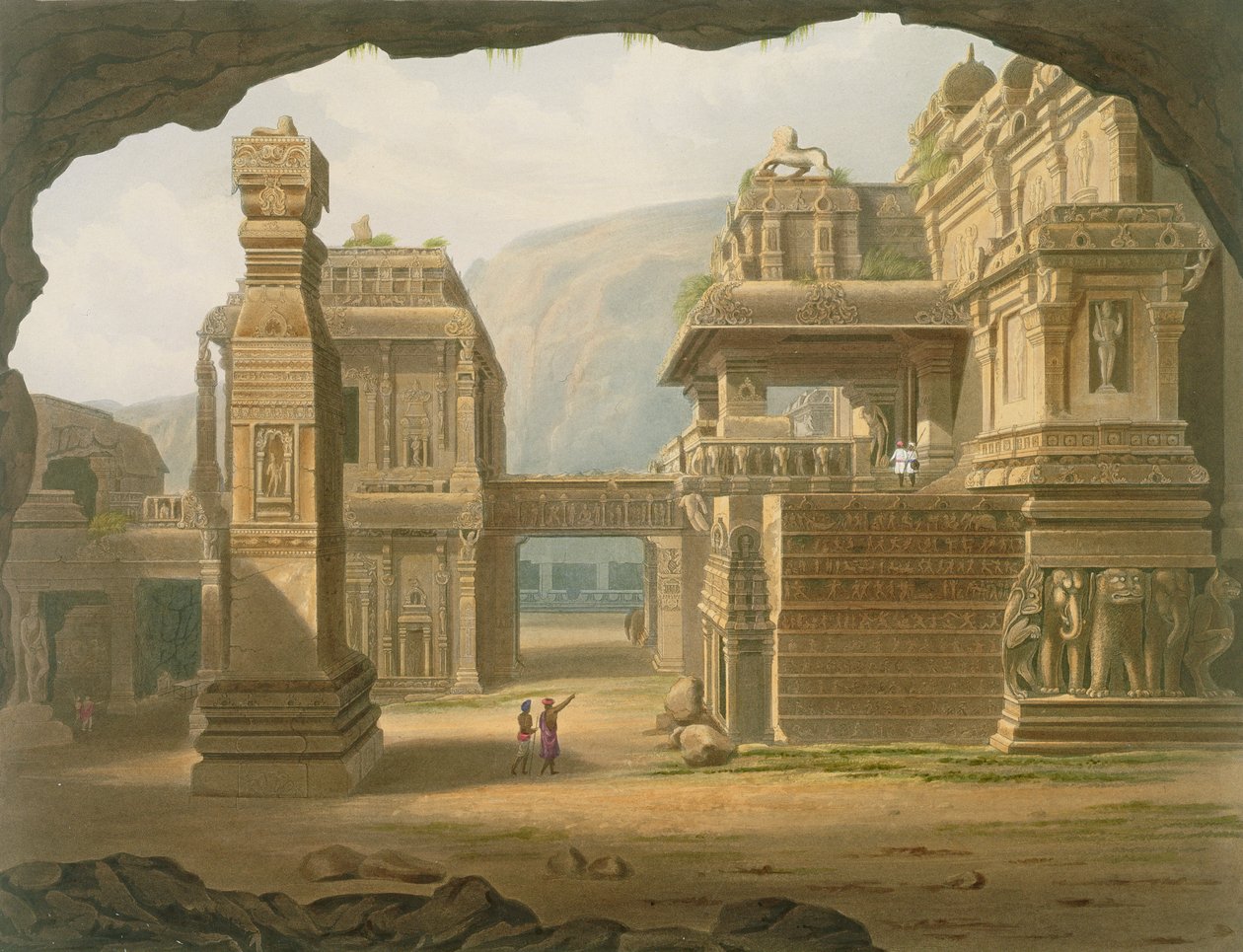 Stort utgrävt tempel i Ellora 1813, från volym I av "Indiens landskap, kostymer och arkitektur", etsat av G. Rawle, graverat av G. Hunt och färglagt av J.B. Hogarth, pub. av Ackermann, 1826 av Robert Melville Grindlay