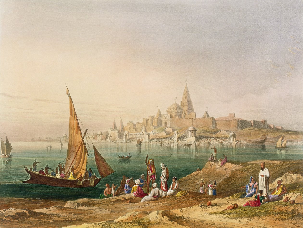 Den heliga staden och templen i Dwarka, från volym II av "Scenery, Costumes and Architecture of India", ritad av William Purser (ca 1790-1852) och graverad av R.G. Reeve (fl.1811-37), utgiven av Smith, Eld. av Robert Melville Grindlay