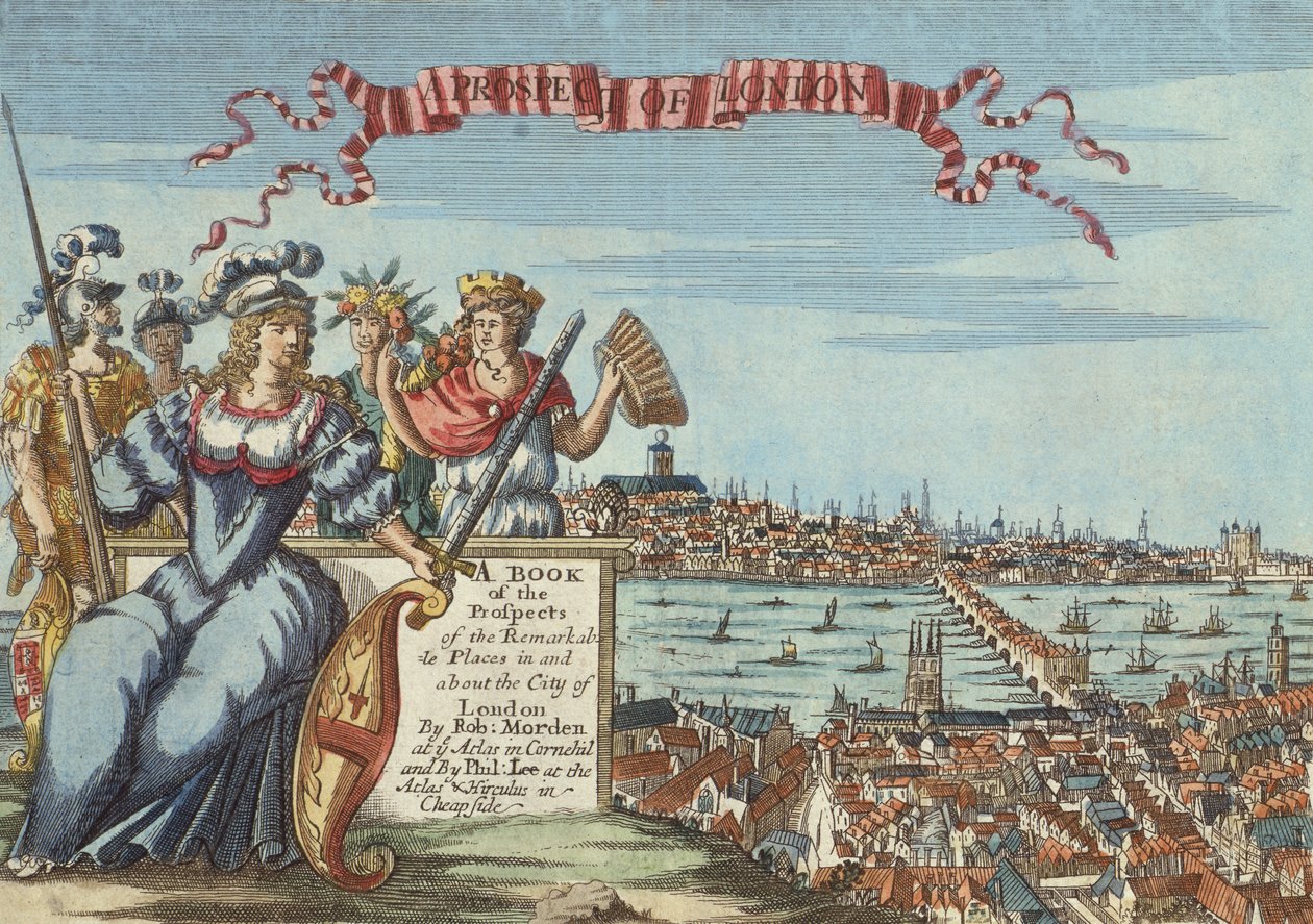 A Prospect of London, Frontispice från A Book of the Prospects of the Remarkable Places in and About the City of London, c.1700 av Robert Morden