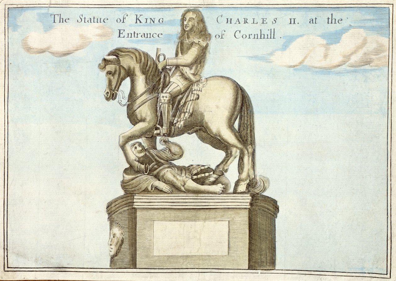 Staty av kung Charles II (1630-85) vid ingången till Cornhill, från A Book of the Prospects of the Remarkable Places in and About the City of London, ca 1700 av Robert Morden