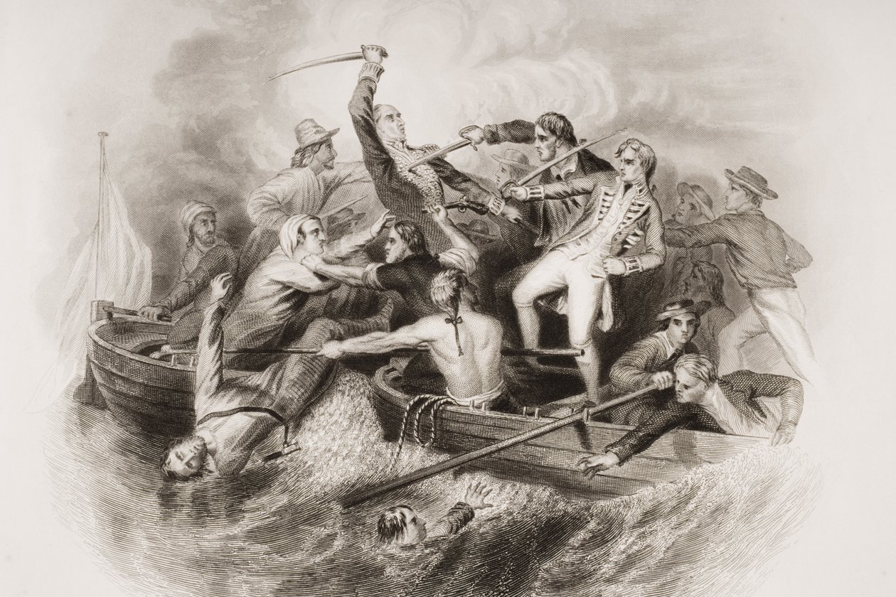 Desperat Encounter in gun-boats mellan Nelson och Don Miguel Tyrason, illustration från "Englands Battles by Sea and Land" av Lieut. Överste Williams, graverad av G. Greatbach av Robert Neal Hind