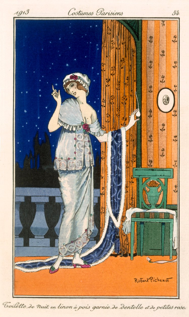 Nattklänning med spets och minirosor av fläckig gräsmatta, 1914 av Robert Pichenot