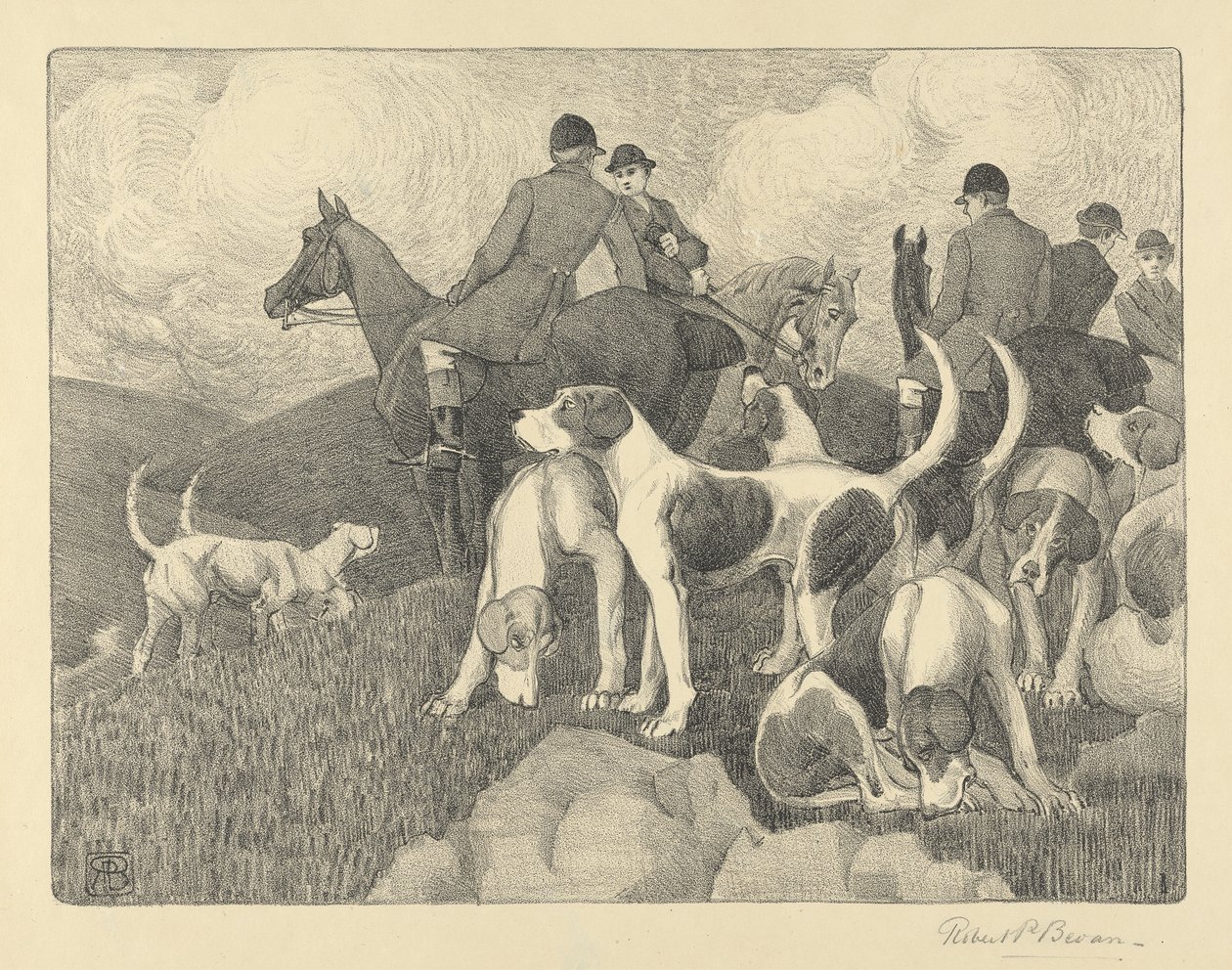 The Meet (krita & grå tvätt förhöjd med vitt på papper) av Robert Polhill Bevan