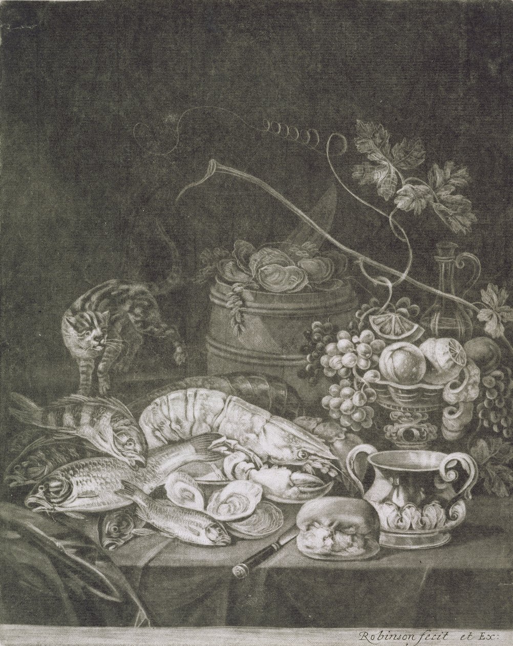 Bankettstycke med hummer, fisk och katt (mezzotint med brännarbete) av Robert Robinson