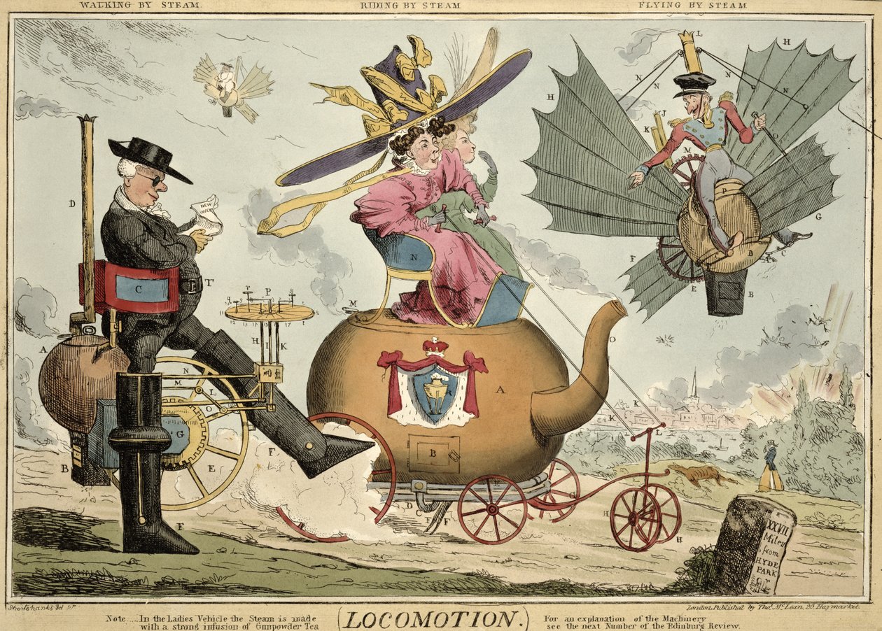 Locomotion - Walking by Steam, Riding by Steam, Flying by Steam, publicerad av Thomas McLean, London (färgad etsning) av Robert Seymour