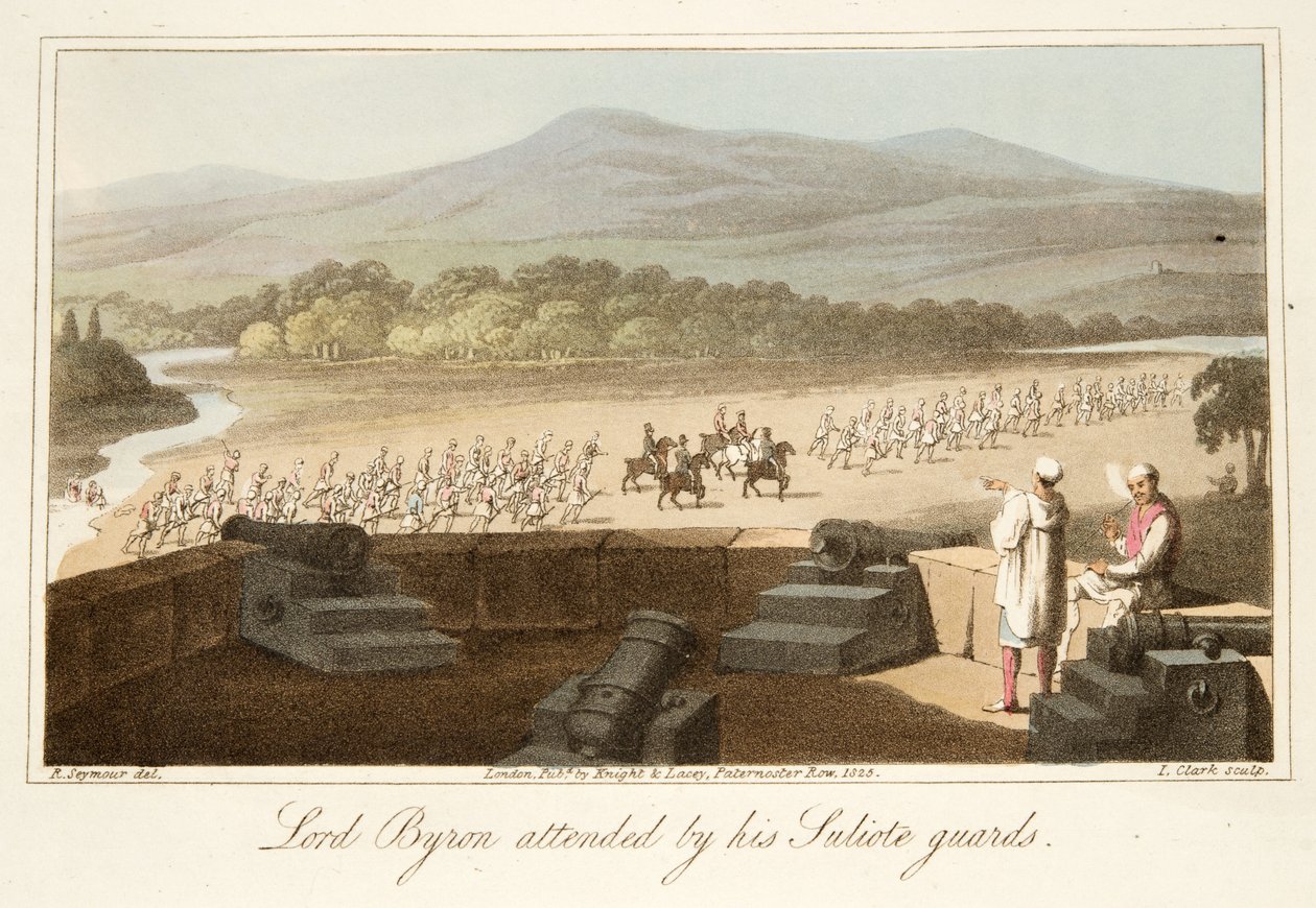 Lord Byron besöktes av hans Suliote Guards, från The Last Days of Lord Byron av William Parry, pub. 1825 (handfärgad gravyr) av Robert Seymour