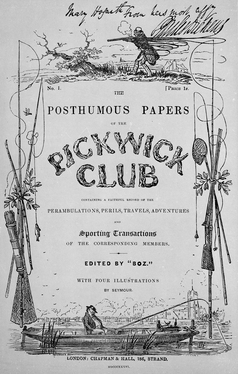 Titelblad till "The Posthumous Papers of the Pickwick Club" av Charles Dickens, första upplagan, 1836 av Robert Seymour