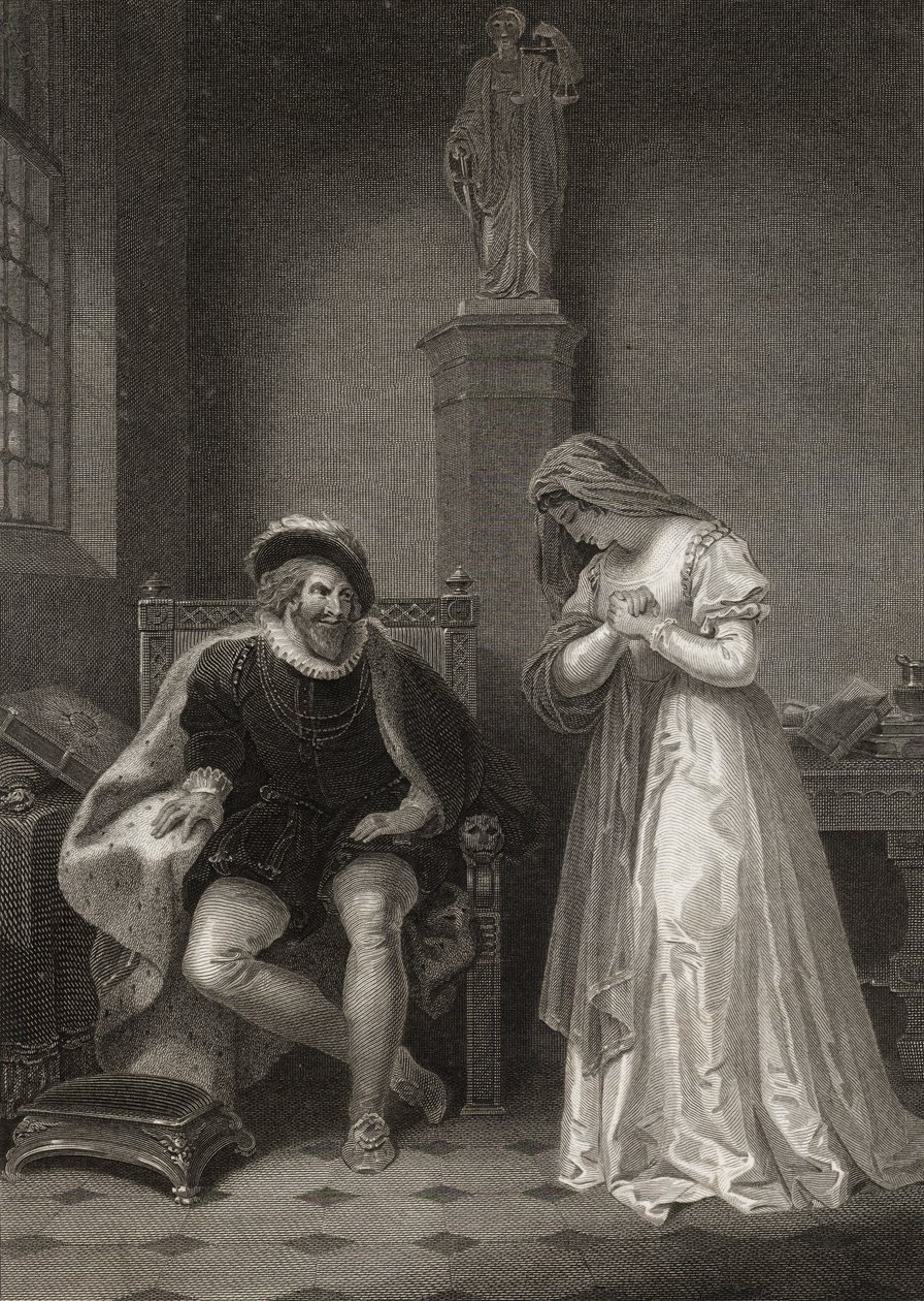 Angelo och Isabella, graverad av W.C. Wilson, från "Measure for Measure" av William Shakespeare (1564-1616) 1797 av Robert Smirke