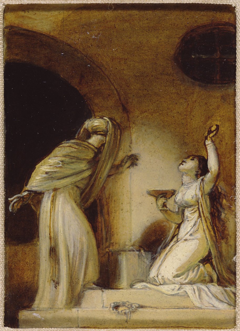 Knäböjande kvinnofigur med en bägare, illustration till en österländsk roman, möjligen "Tusen och en natt" (olja på papper på kartong) av Robert Smirke