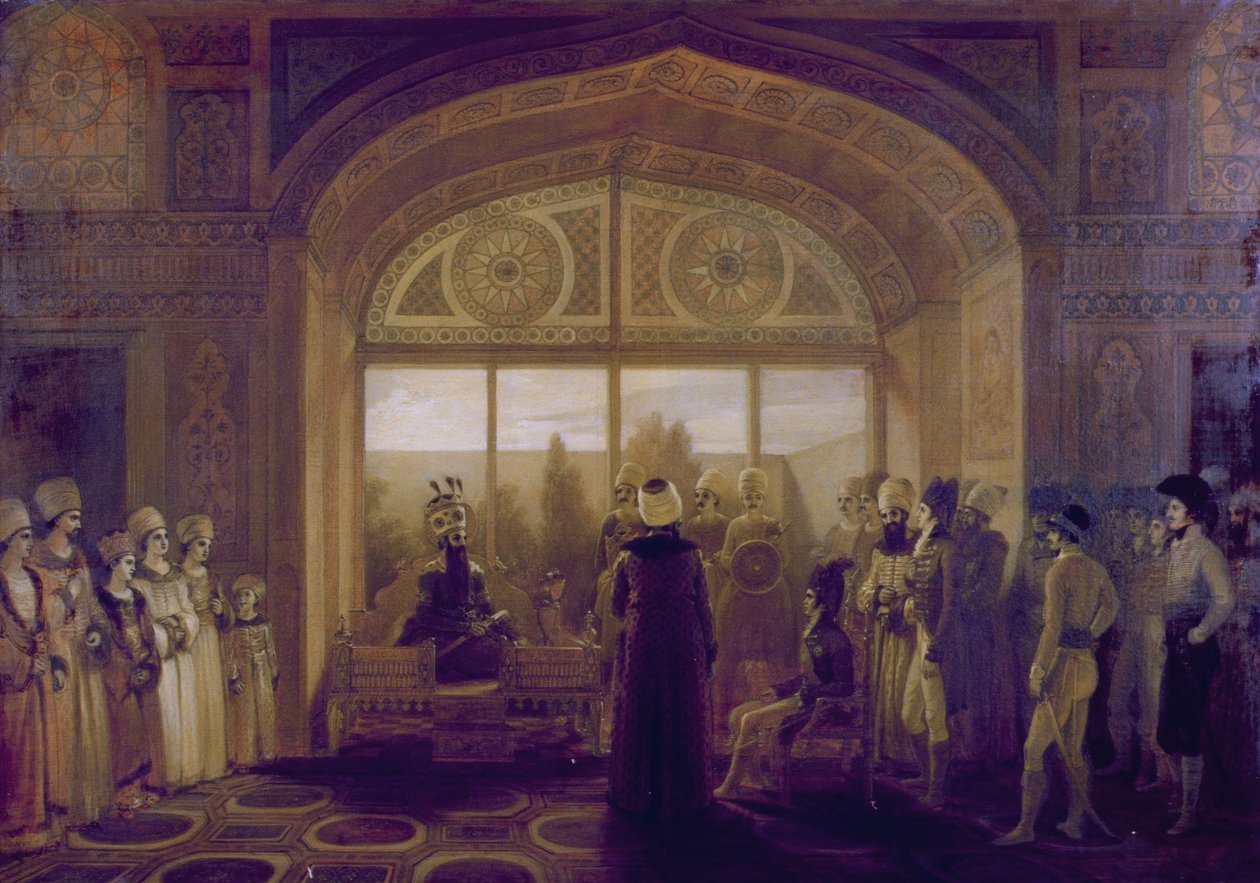 Shah Fath Ali, shah av Persien (1797-1835) tar emot Sir Harford Jones i publiken av Robert Smirke