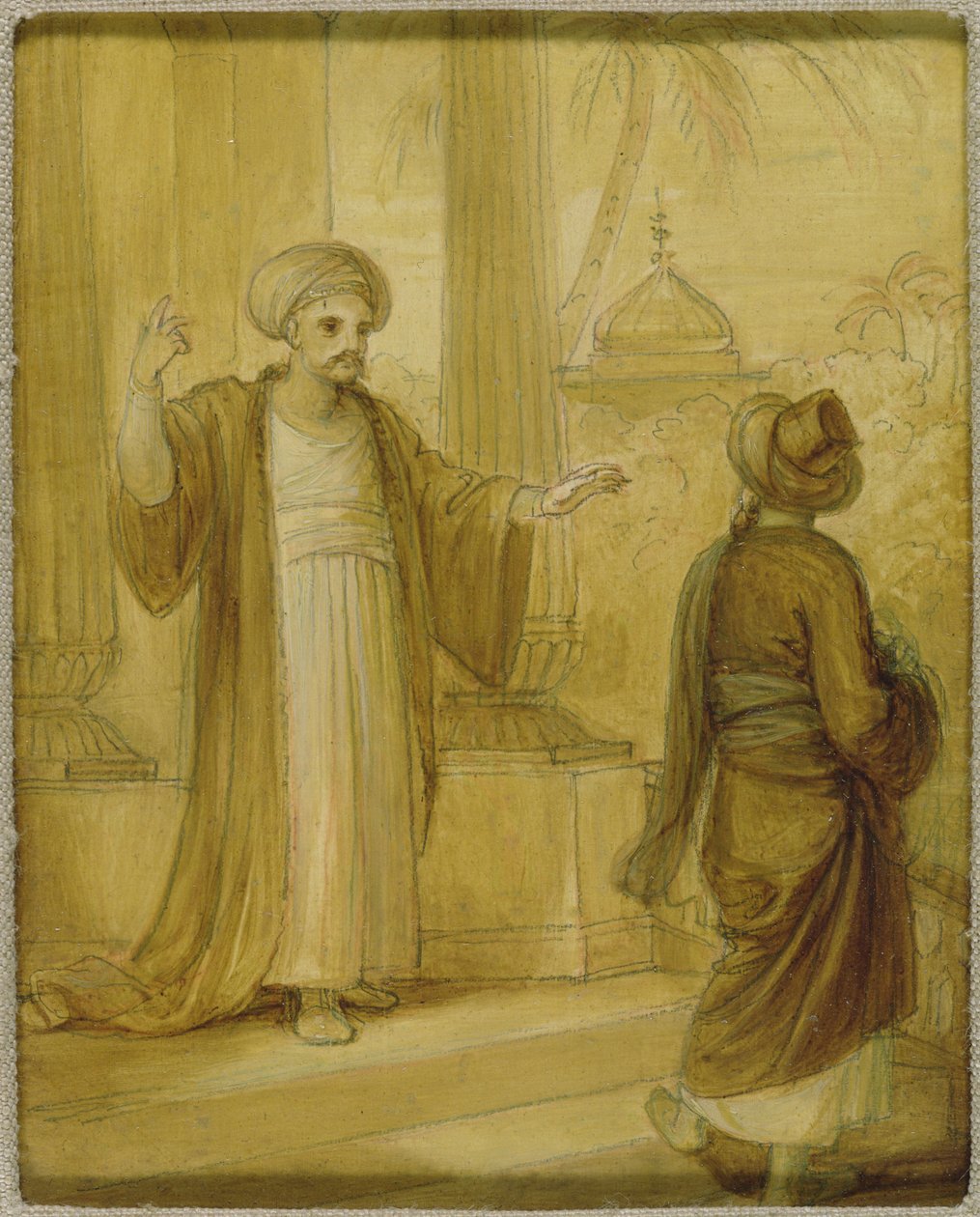 Två mansfigurer stående, illustration från en österländsk romans, möjligen 