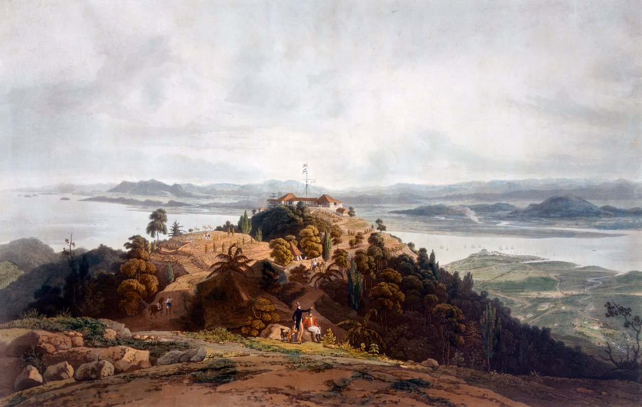 Panoramaskiss av Prince of Wales Island av William Daniell, ca 1817 99:Penang; Pooloo Pinang; Malaysia; malaysiskt landskap; c19:e; Brittiska Ostindiska kompaniet; militär post; Hej av Robert Smith