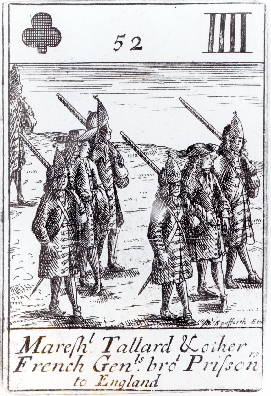 Marskalk Tallard och andra franska generaler tog med fångar till England, fyra klubbar som spelade kort från en uppsättning till minne av det spanska tronföljdskriget (1702-13) av Robert Spofforth