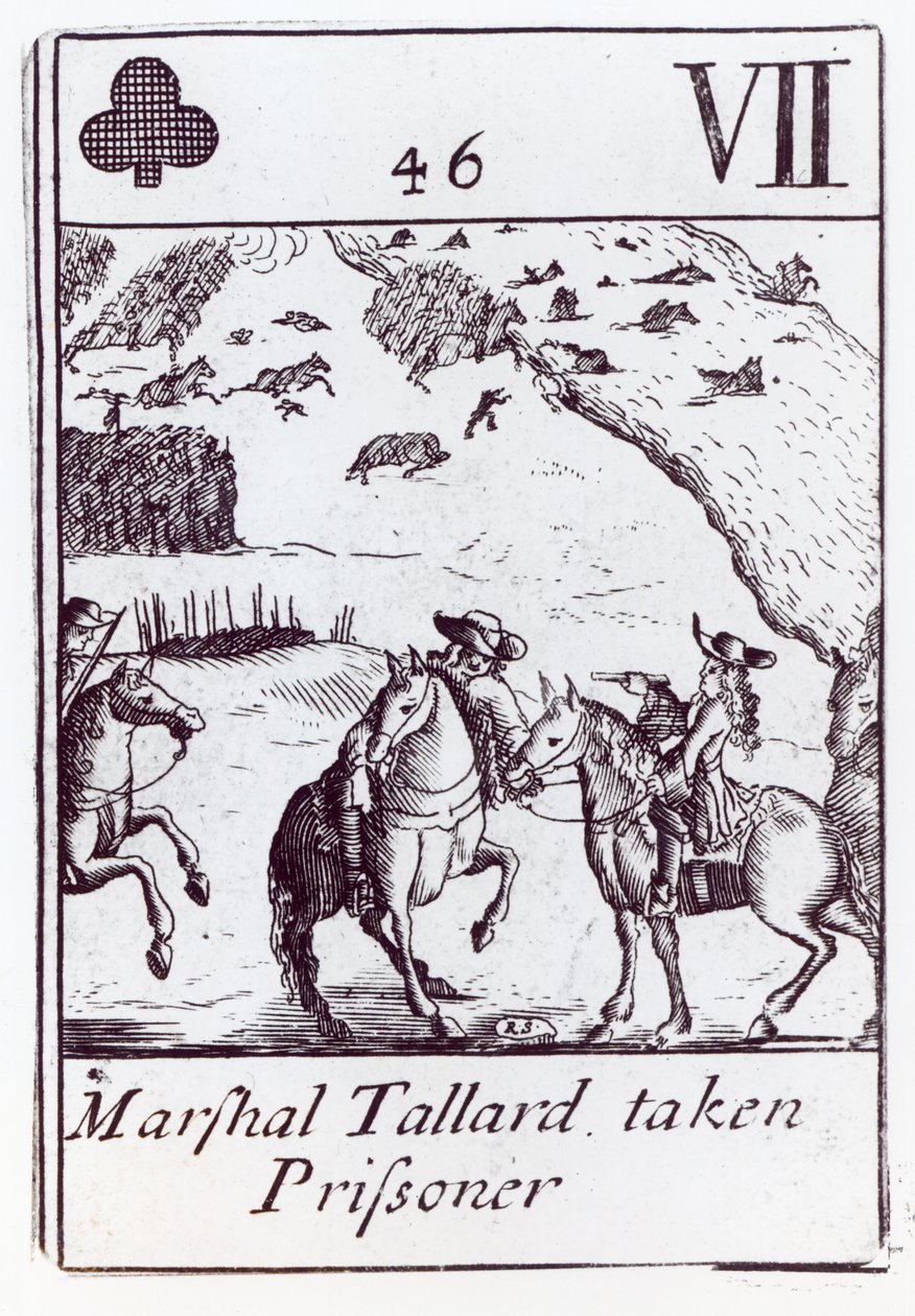 Marskalk Tallard tillfångatagen, sju klubbor som spelar kort från en uppsättning till minne av det spanska tronföljdskriget (1702-13) av Robert Spofforth