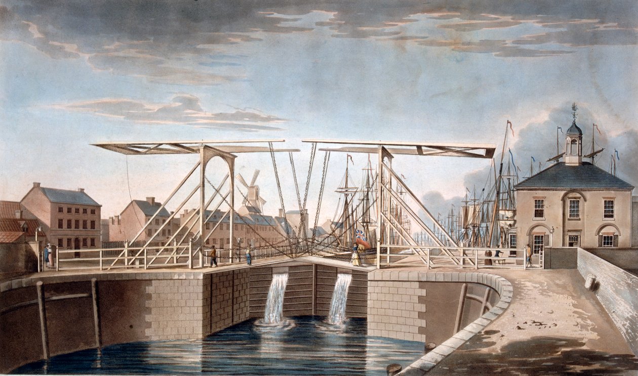 Bascule Bridge och New Docks vid Kingston-upon-Hull, Yorkshire, 1786 (färgad akvatint) av Robert Thew