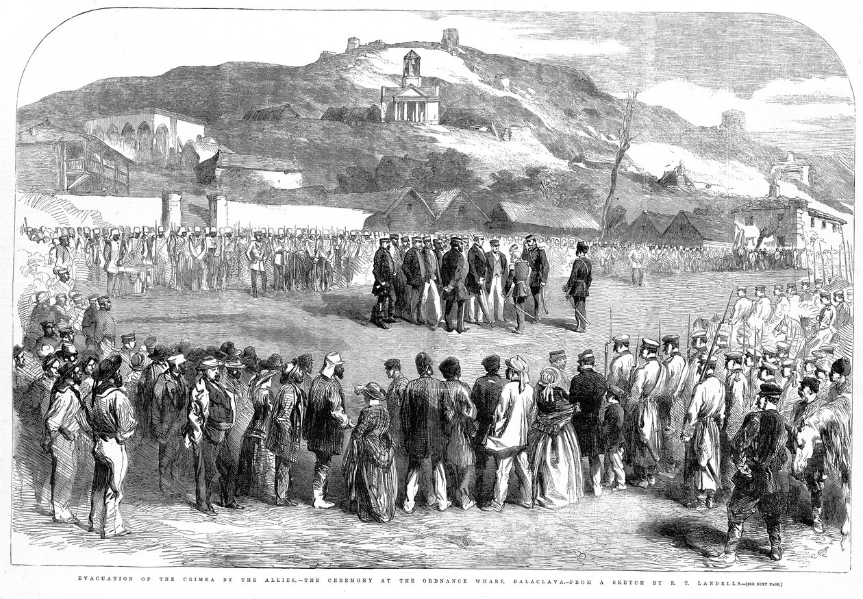 Evakuering av Krim av de allierade, ceremonin vid Ordinance Wharf, Balaclava, från Illustrated London News, 30 augusti 1856 av Robert Thomas Landells