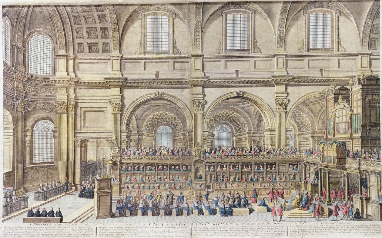Ett utkast från kören i St Pauls katedralkyrka vid den allmänna tacksägelsen den 31 december 1706. Hennes Majestät och parlamentets båda kamrar närvarande (handkolorerat gravyr). av Robert Trevett