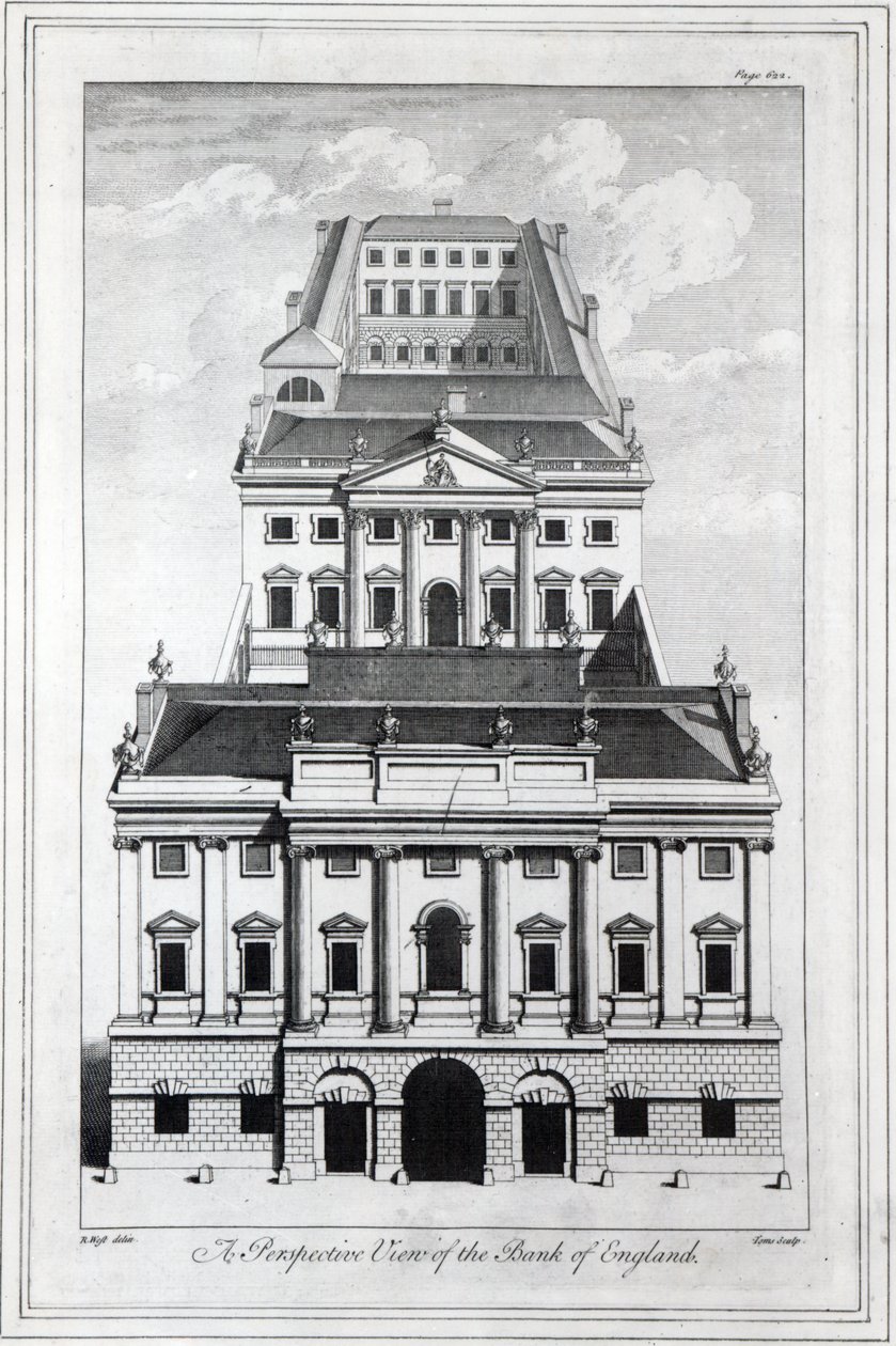En perspektivvy av Bank of England, graverad av William Henry Toms, 1739 av Robert West