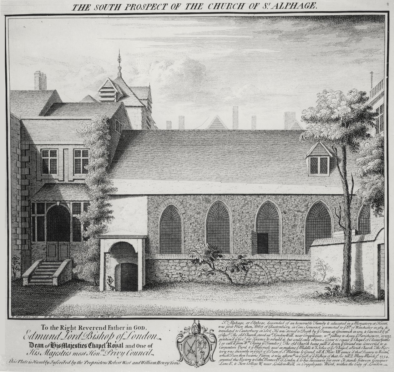 The South Prospect of the Church of St. Alphage, graverad av William Henry Toms (ca 1700-50) 1736 av Robert West