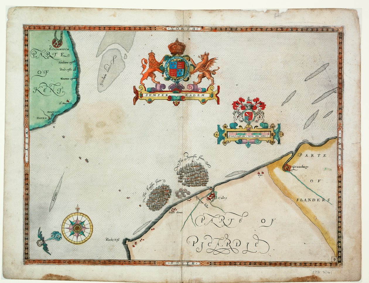 Dover till Sandwich och Blacknerse till Gravelines - Den spanska armadan och den engelska flottan utanför Calais, ca 1590 (manuskript) av Robert (after) Adams