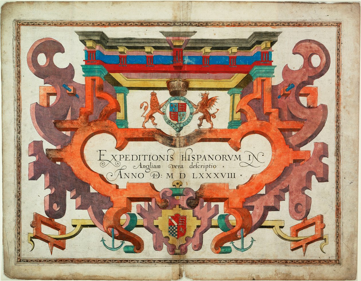 Titelsida till "Expeditionis Hispanorum in Angliam vera descriptio anno domini MDLXXXVIII av Robert (after) Adams