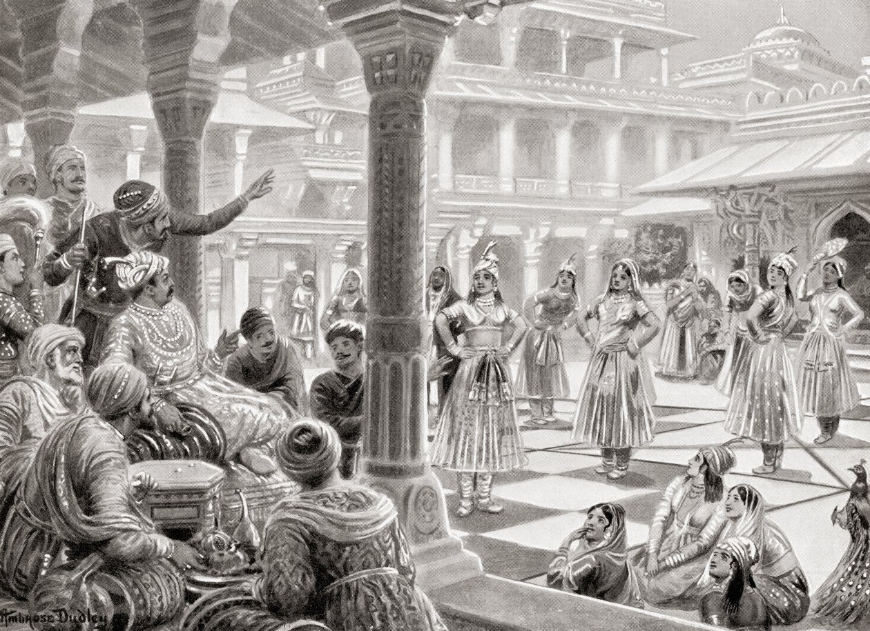 Akbar spelar pachisi eller chaupur med levande pjäser vid Fatehpur Sikri 1575, från Hutchinson