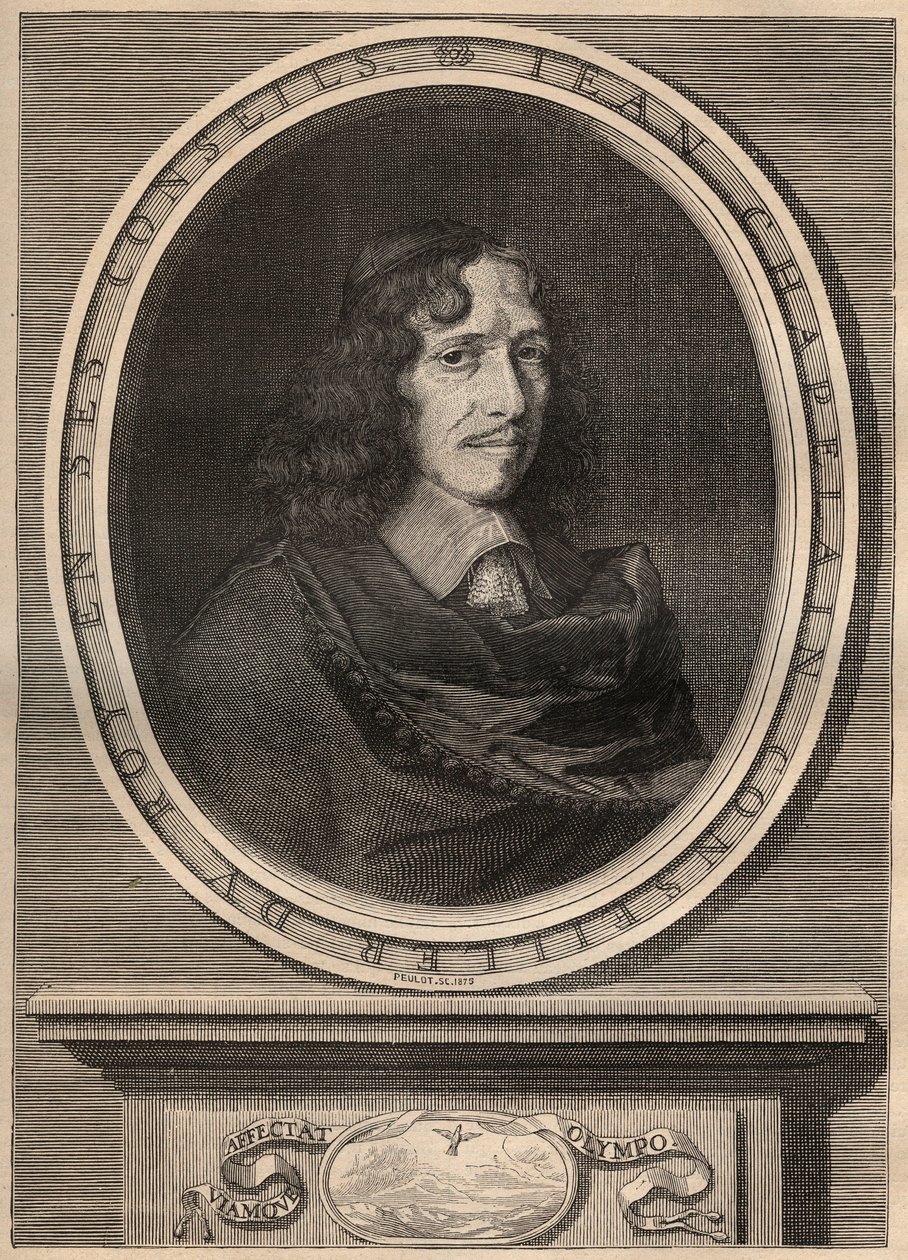 Porträtt av Jean Chapelain (1595-1674), fransk poet - Gravyr - Jean Chapelain (1595-1674) Fransk poet och litteraturkritiker - Gravyr av Nanteuuil et grave par Peulot. av Robert (after) Nanteuil