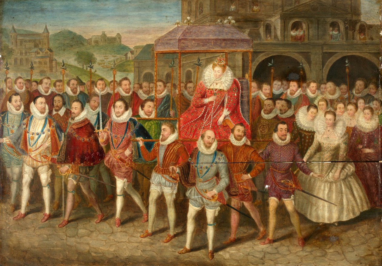 En procession av drottning Elizabeth I, ca 1800-40 (olja på panel) av Robert (after) Peake
