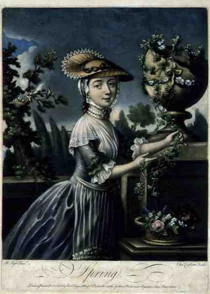 Spring, graverad av C. Corbutt (Richard Purcell) (fl.1746-66), pub. av Robert Sayer, ca 1760 (mezzotintgravyr) (se även 125559 och 125561-62) av Robert (after) Pyle