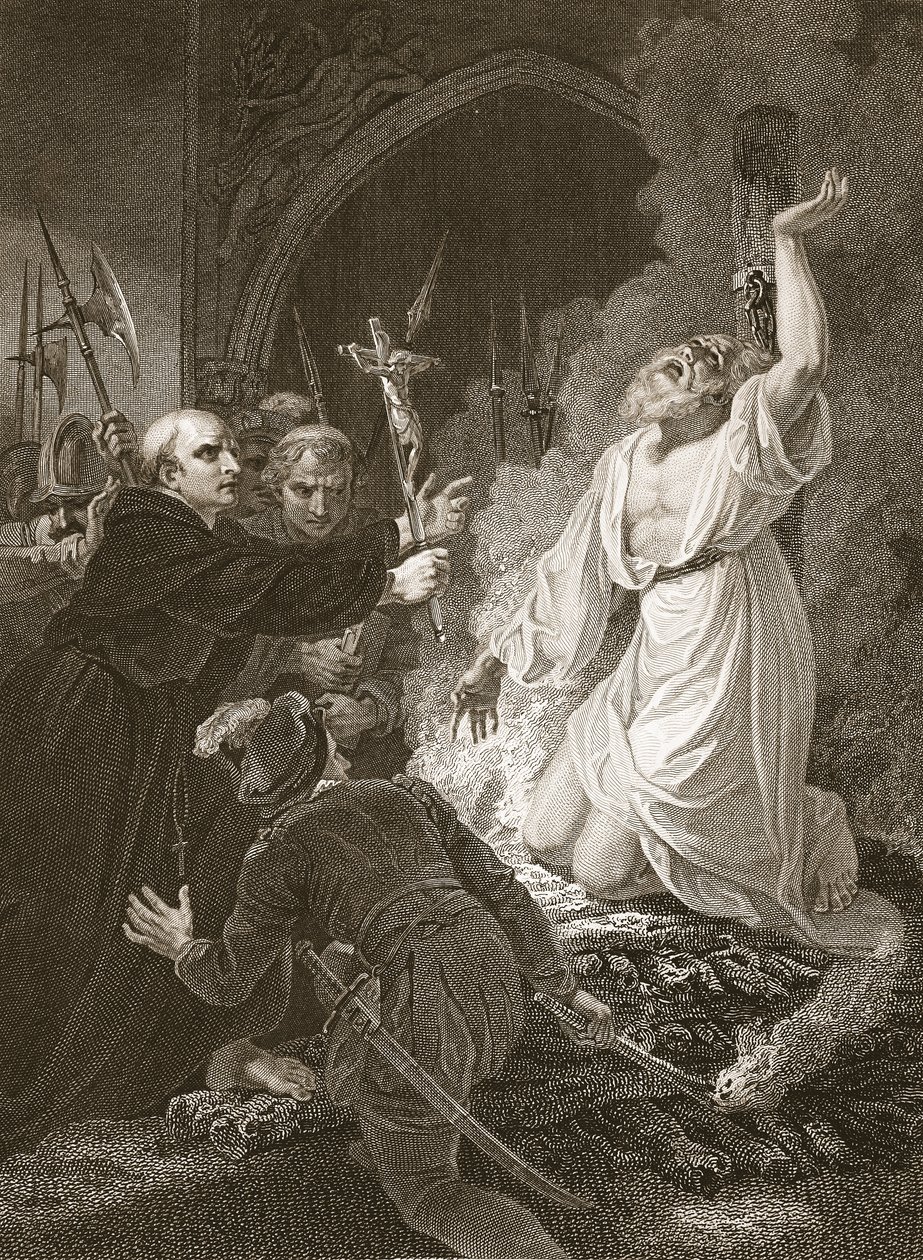 Ärkebiskop Cranmers martyrskap, graverad av W. Bromley, illustration från David Humes "The History of England", pub. av R. Bowyer, London av Robert (after) Smirke
