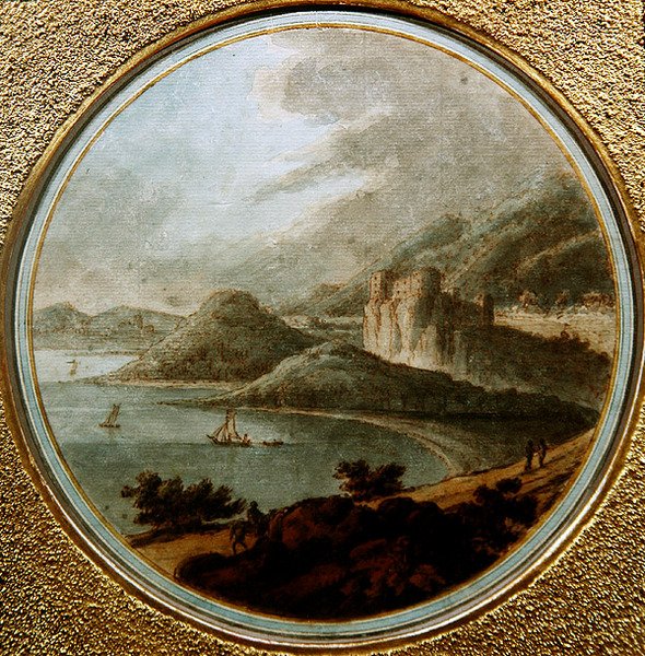Slott ovanför en havsvik med skepp, ca 1775 (penna och bläck med akvarell på papper) av Robert (attr. to) Adam