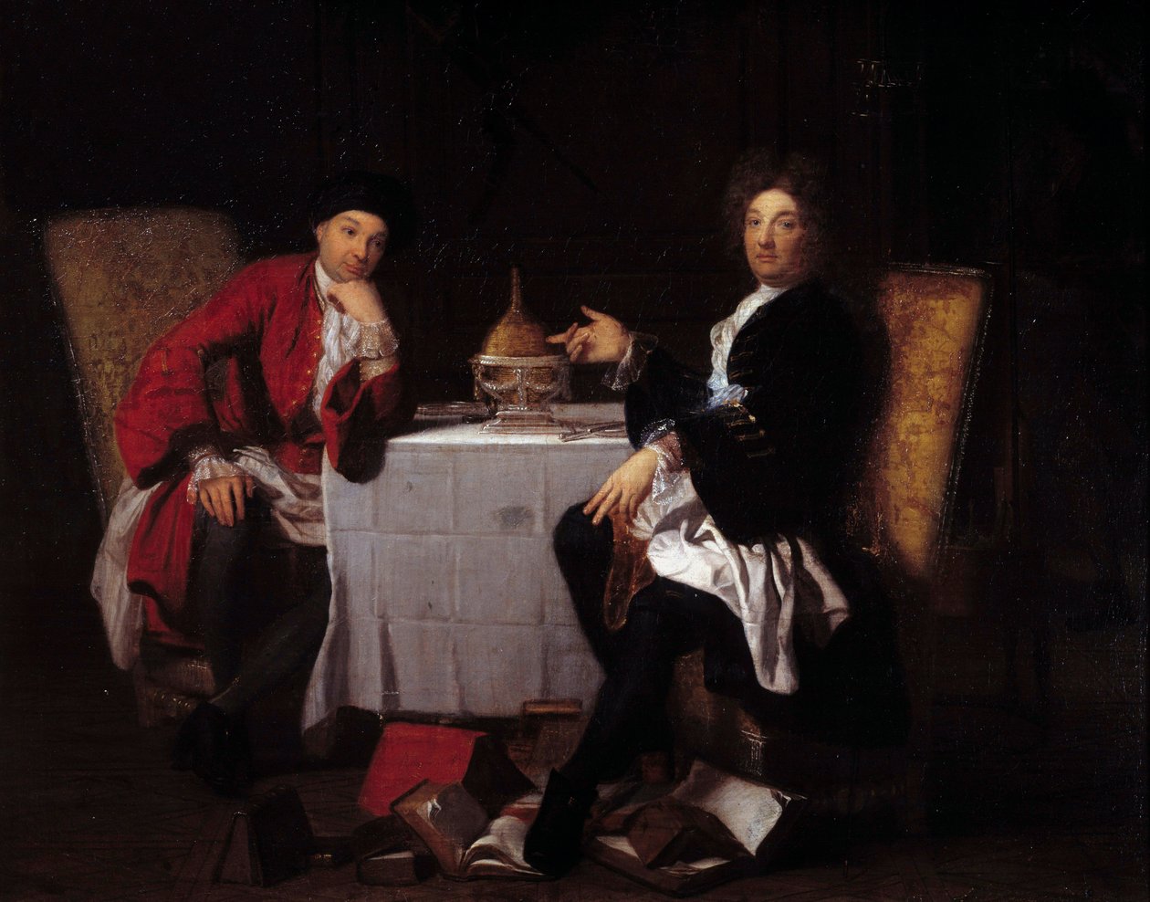 Två epikurister Två filosofer pratar vid ett bord. Målning tillskriven Robert Tournieres (1668-1752) Caen från 1700-talet, musee des Beaux Arts av Robert (attr. to) Tournieres