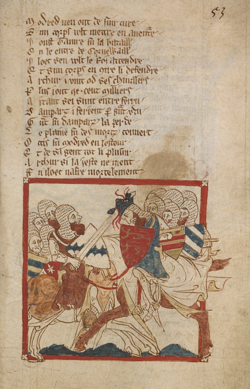 Arthur Mortally Wounded, illustration från "Romances in French Verse...", av Canon of Wace (Wace of Bayeux) av Robert (c.1110 74) Wace