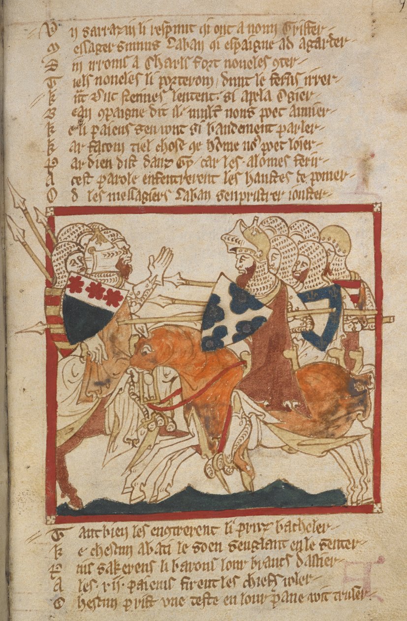 Egerton 3028 f.98 De besegrar saracener som skickats för att möta dem, illustration från 