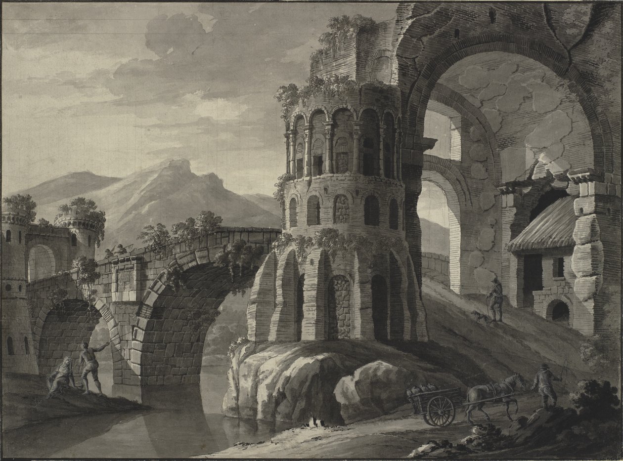 Arkitektonisk fantasi. Ruin av antik bro, flankerad av medeltida torn av Robert Adam