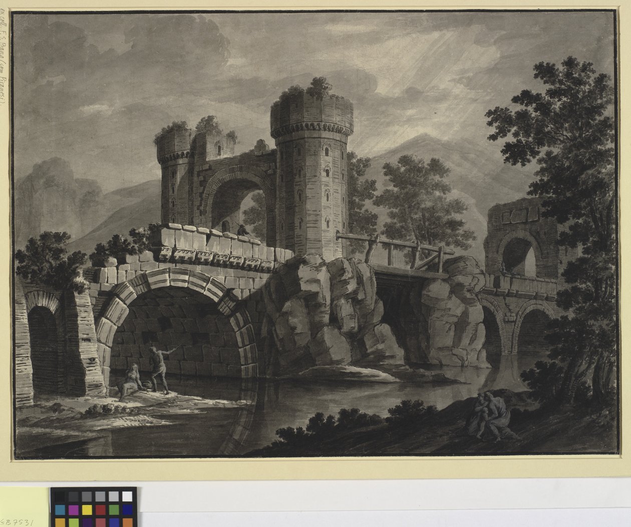Arkitektonisk fantasi om en förstörd bro i ett landskap av Robert Adam