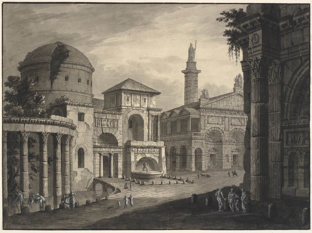 Arkitektonisk fantasi om en gammal stad med ett torg och många byggnader, några delvis i ruiner av Robert Adam
