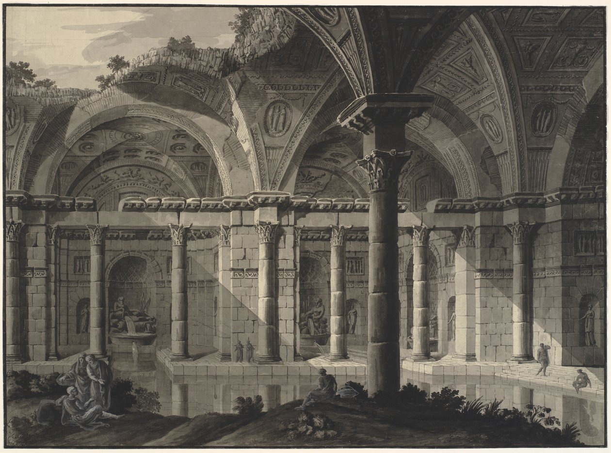 Arkitektonisk fantasi om ett antikt bad med förstörda tak och figurer av Robert Adam