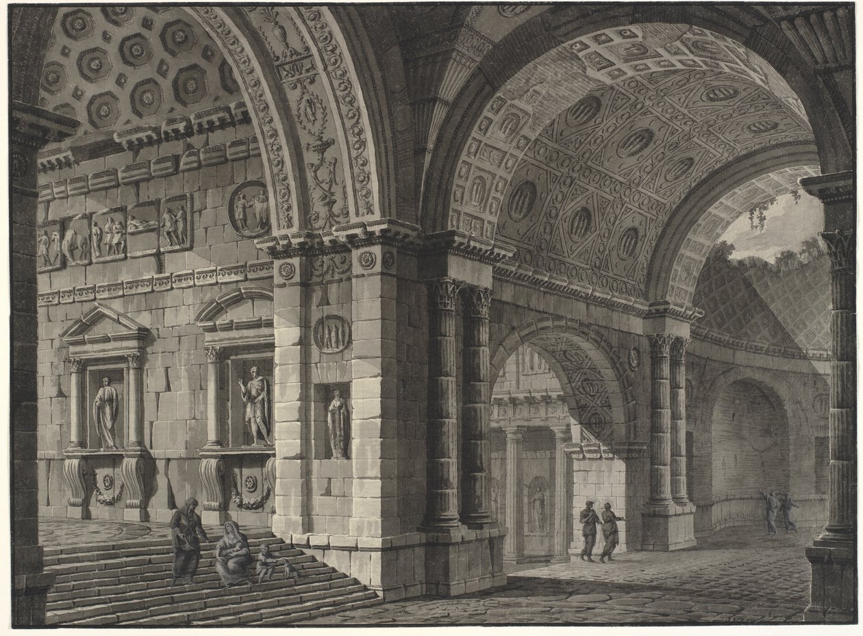 Arkitektonisk fantasi om interiören av en gammal byggnad med delvis förstörda valv av Robert Adam
