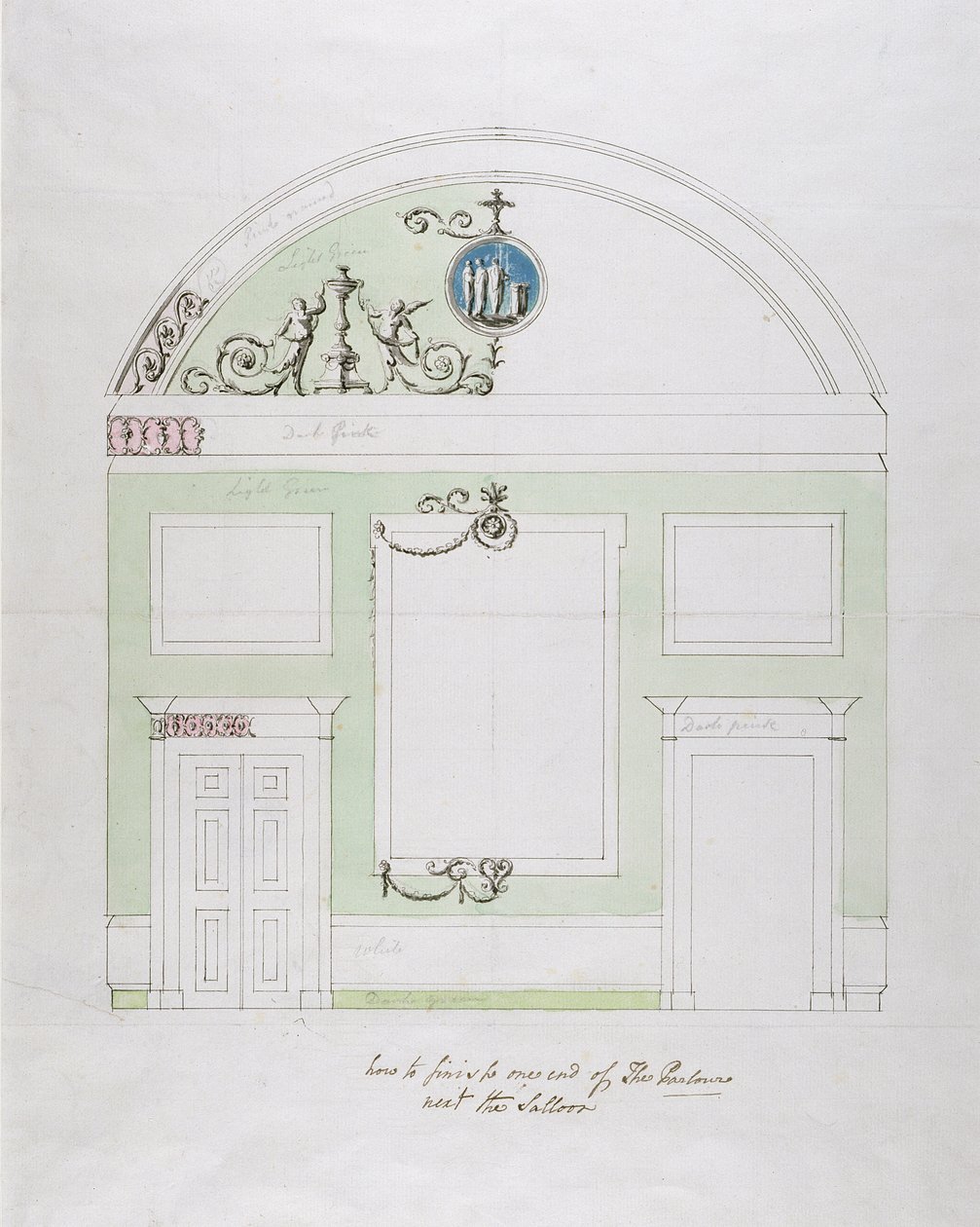 Design for the End Wall of the Eating Parlour, Headfort House (penna och svart bläck över grafit med wc på bundet papper) av Robert Adam