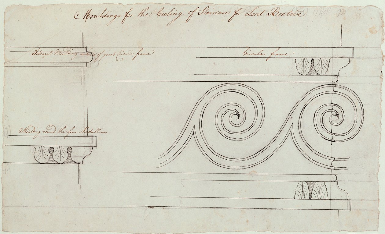 Design för listerna på trappan, Headfort House, 1772 (penna och svart bläck över grafit på papper) av Robert Adam