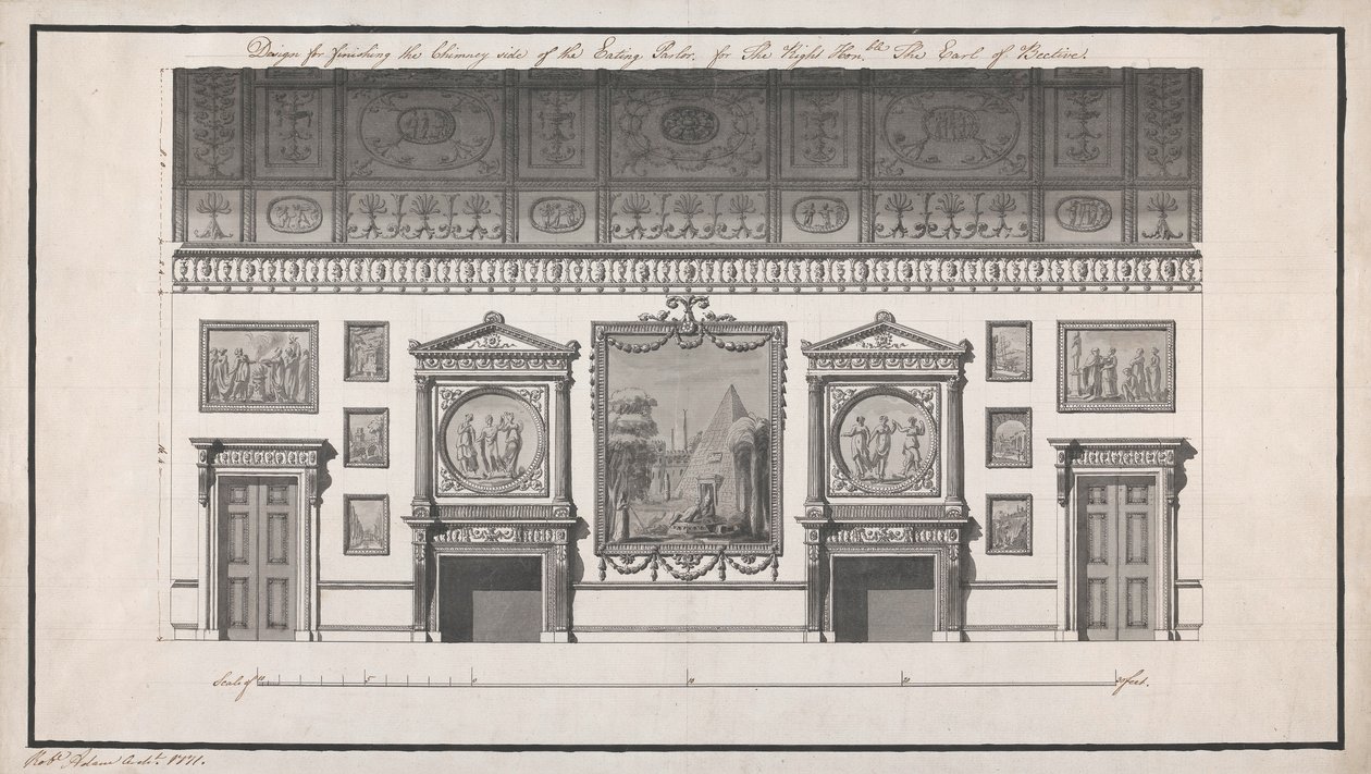 Headfort House, Eating Parlour, Chimney Side (penna och svart bläck och tvätta med penna på papper) av Robert Adam