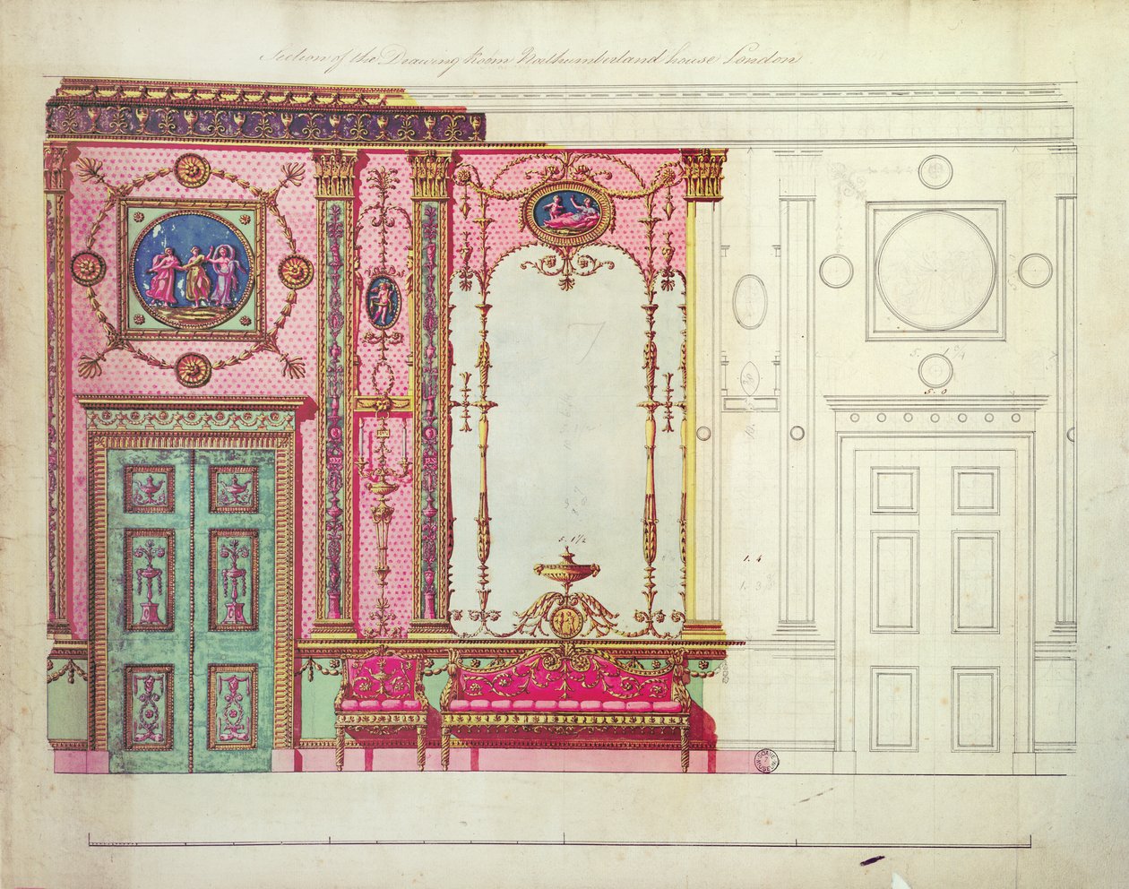 Sektion av salongen, Northumberland House, London; Design för gavelvägg, (penna, bläck och wc) av Robert Adam