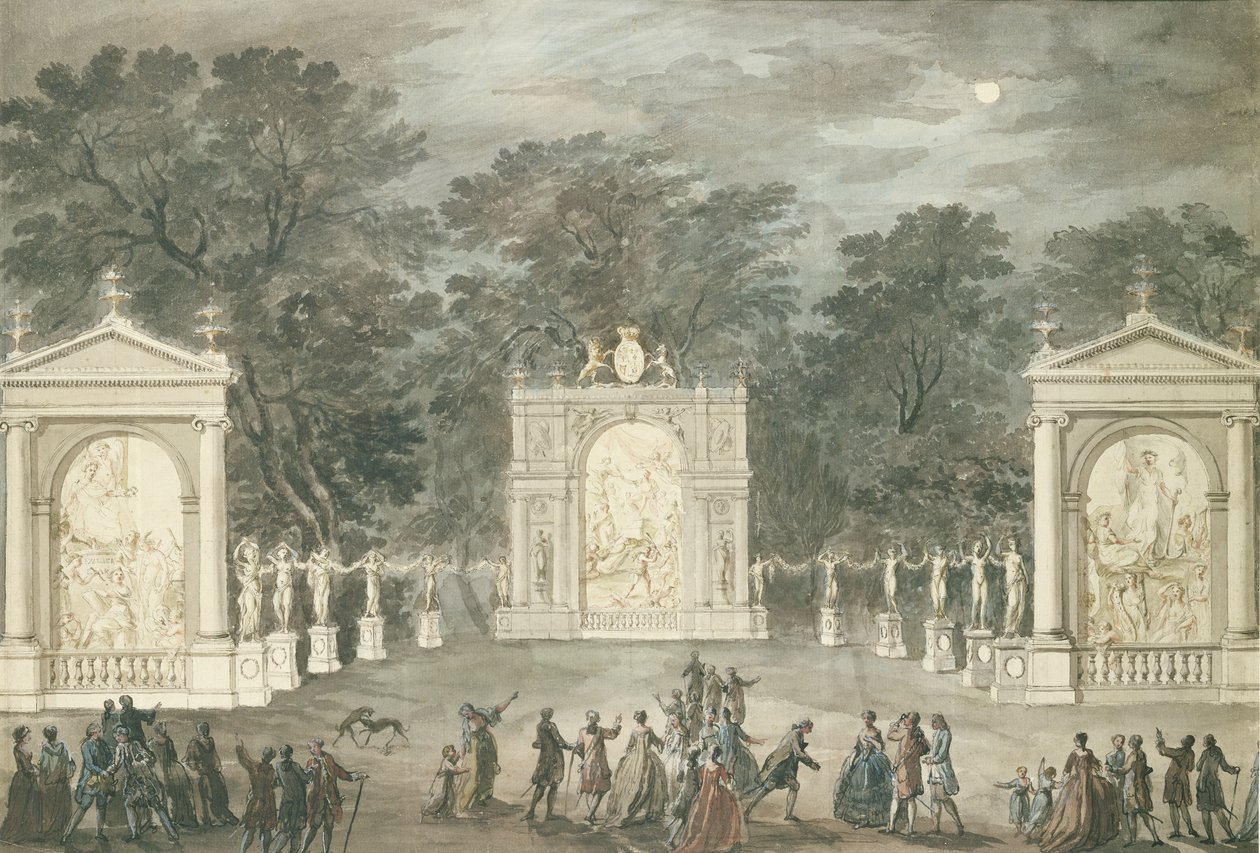 The Illuminations at Buckingham House för kung George III:s födelsedag, 4 juni 1783 (penna och bläck och wc på papper) av Robert Adam