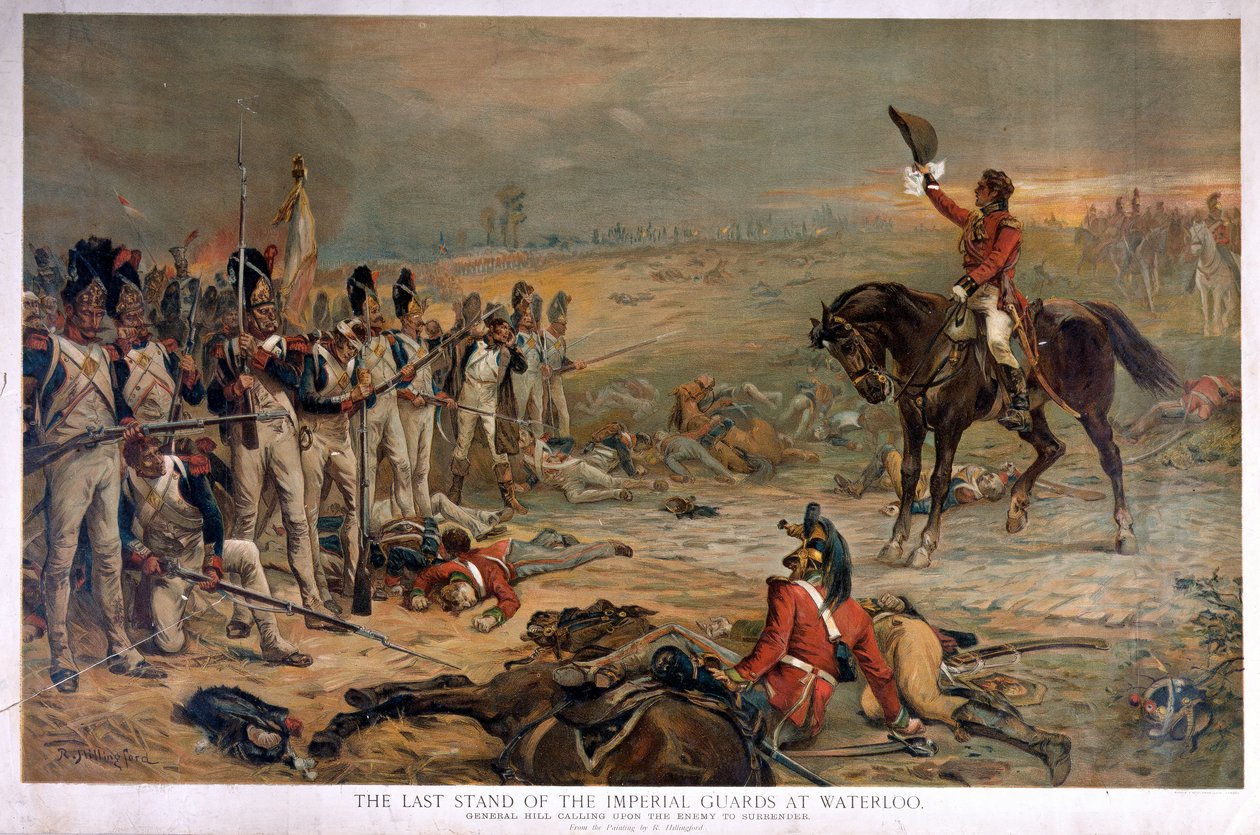 De kejserliga vakternas sista ställning vid Waterloo, General Hill uppmanar fienden att kapitulera av Robert Alexander Hillingford