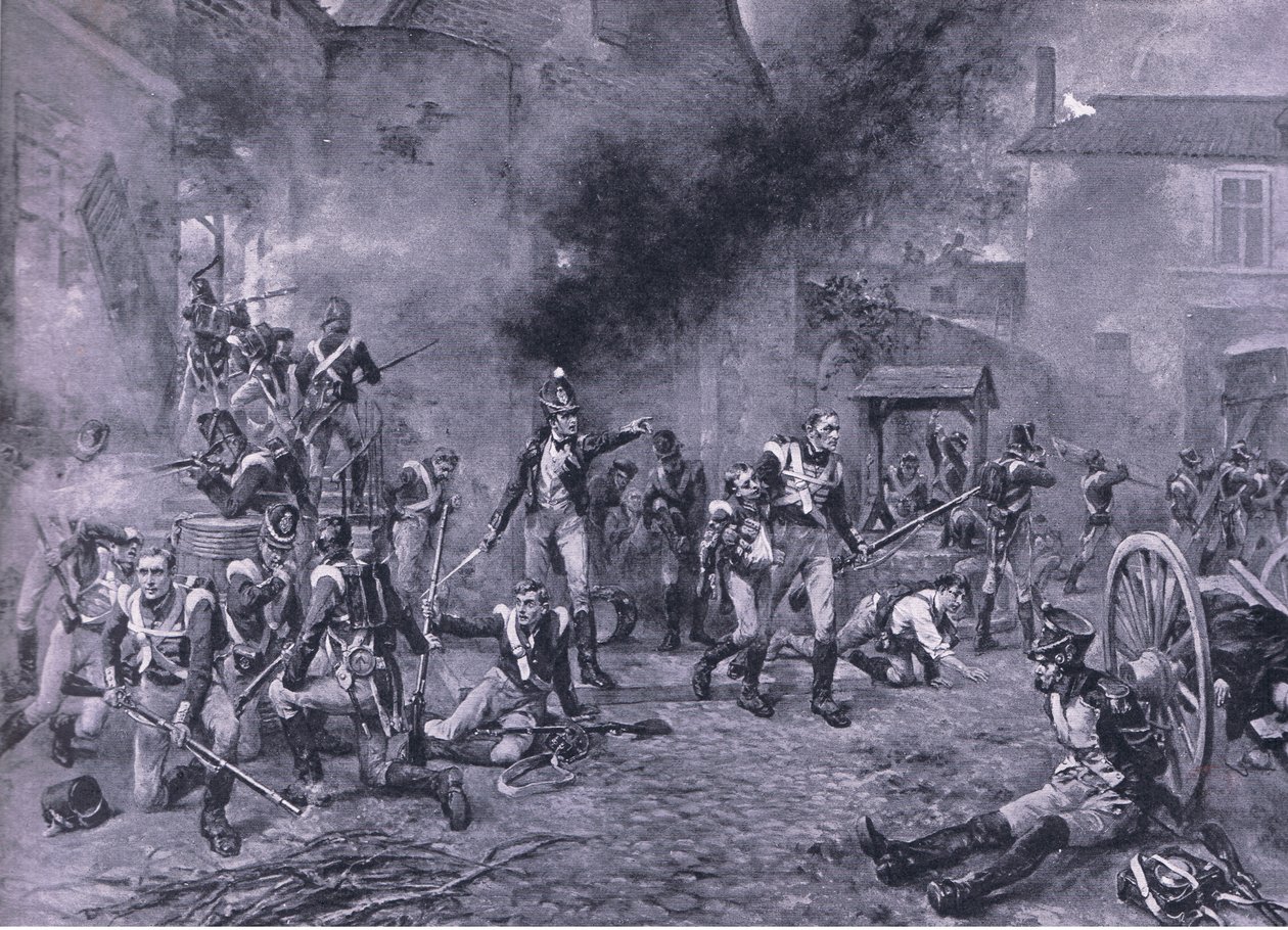 Försvaret av Hougoumont 18 juni 1815, illustration från brittiska striderna på land och hav, 1915 av Robert Alexander Hillingford