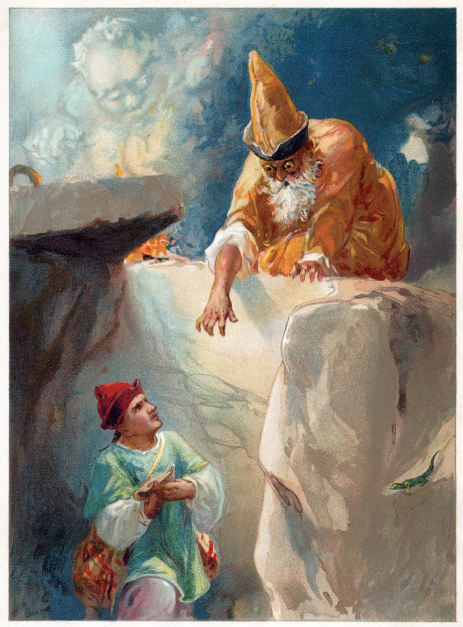 Aladdin och trollkarlen, illustration från "Once Upon a Time" publicerad av Ernest Mister, ca 1900 (lito i färg) av Robert Ambrose Dudley