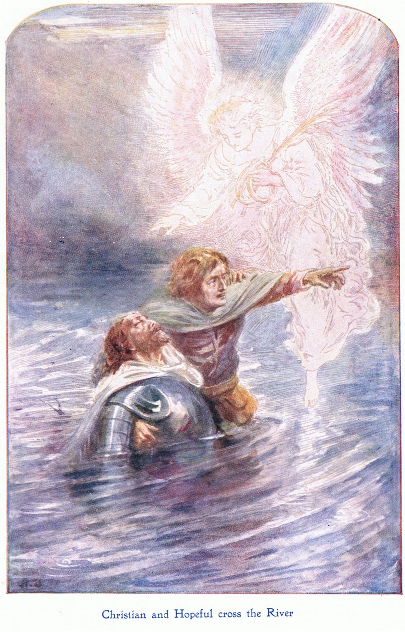 Kristna och hoppfulla korsar floden, från The Pilgrims Progress publicerad av John F Shaw & Co, c.1900-talet (färg litho) av Robert Ambrose Dudley