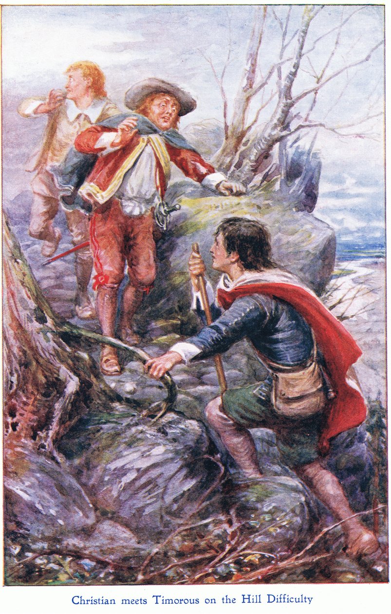 Christian möter Timorous på svårighetens kulle, från The Pilgrims Progress publicerad av John F Shaw & Co, c.1900-talet (färg litho) av Robert Ambrose Dudley