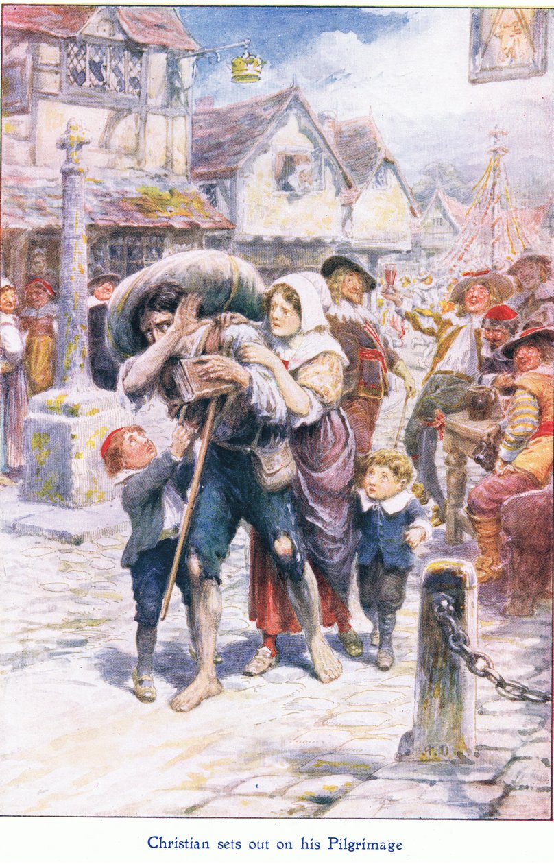 Christian ger sig ut på sin pilgrimsfärd, från The Pilgrims Progress publicerad av John F Shaw & Co, c.1900-talet (färg litho) av Robert Ambrose Dudley